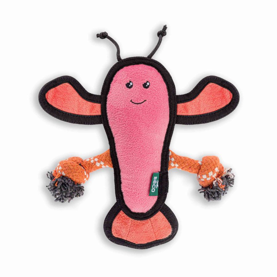 Peluche Langosta con Cuerda 🦞, resistente y sostenible. Hecho con materiales reciclados, doble costura y squeaker. Perfecto para jugar y acurrucarse.