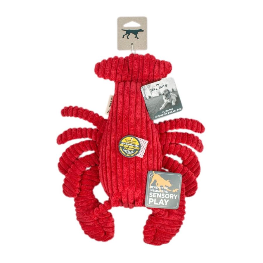 Peluche Langosta con Sonido 🦞, triple estimulación sensorial con squeaker, crunch y crinkle. Resistente, seguro y perfecto para juego interactivo.