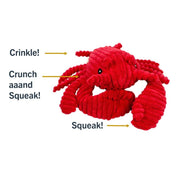 Peluche Langosta con Sonido 🦞, triple estimulación sensorial con squeaker, crunch y crinkle. Resistente, seguro y perfecto para juego interactivo.