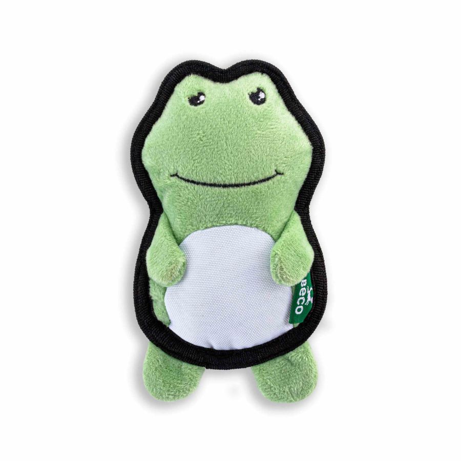 Peluche Rana Beco 🐸, fabricado con materiales reciclados, incluye squeaker y doble costura. Suave y resistente, perfecto para jugar y descansar.