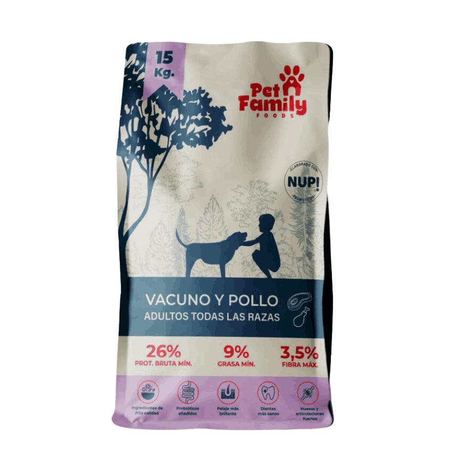 PetFamily 15kg, un alimento completo y balanceado para perros adultos de todas las razas. Con proteína animal y probióticos para una nutrición excepcional.