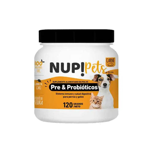 Pre y Probióticos para Mascotas NUP! PETS Sabor Carne mejora la salud digestiva e inmune de perros y gatos 🐾. Fórmula natural, libre de alérgenos.