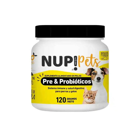 Pre Y Probióticos para Mascotas NUP! PETS Sabor Pollo. Mejora la salud digestiva e inmune de tu mascota. Mantiene el pelo brillante y fortalece defensas. 🐶🐱