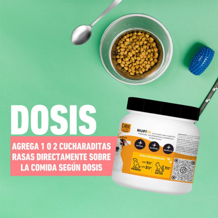 Pre y Probióticos para Mascotas NUP! PETS Sabor Salmón. Mejora la salud digestiva e inmune de tu mascota. Mantiene el pelo brillante y fortalece defensas. 🐶🐱