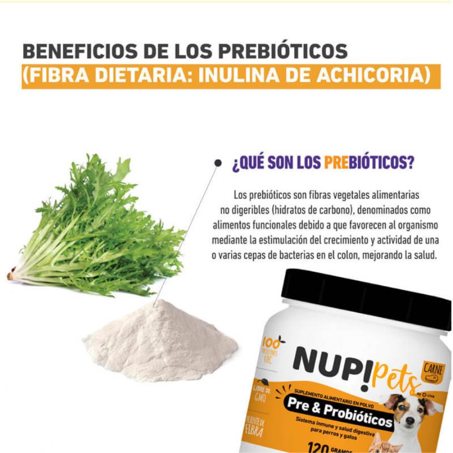 Pre y Probióticos para Mascotas NUP! PETS Sabor Salmón. Mejora la salud digestiva e inmune de tu mascota. Mantiene el pelo brillante y fortalece defensas. 🐶🐱