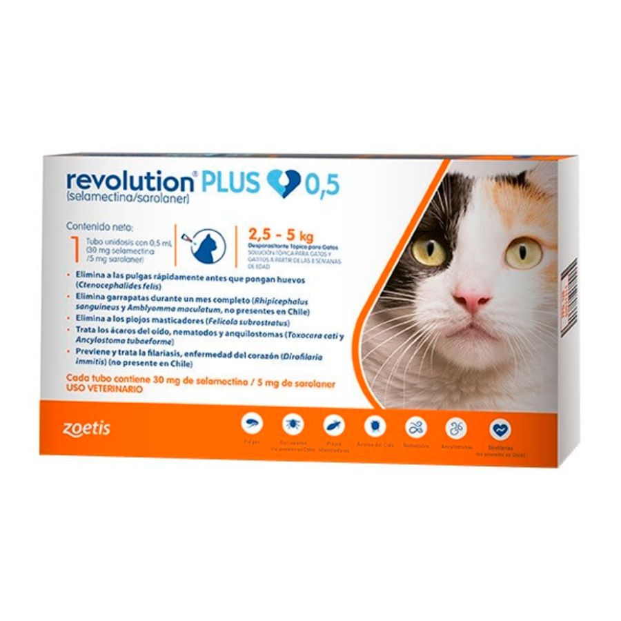 Revolution Plus 0.5ml para Gatos 🐱 protege contra pulgas, garrapatas y parásitos internos. Aplicación tópica mensual fácil y efectiva.