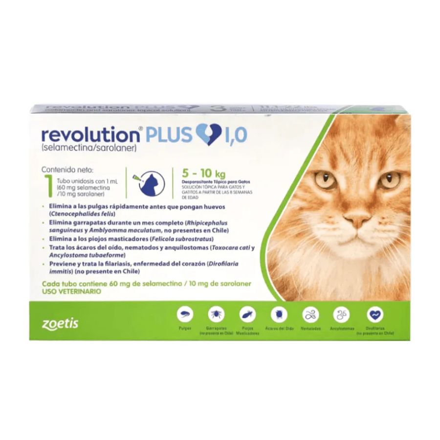 Revolution Plus 1ml para Gatos 🐱 protege contra pulgas, garrapatas y parásitos internos. Aplicación tópica mensual fácil y efectiva.