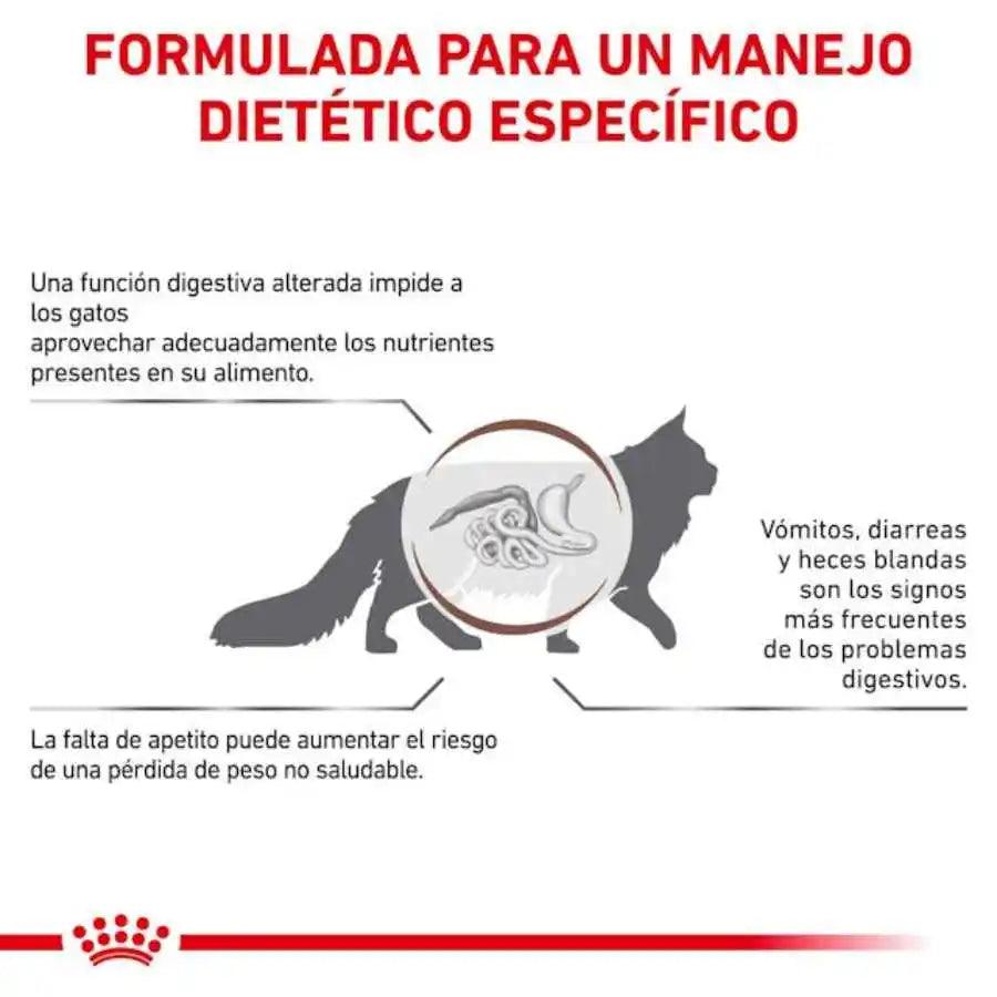 Royal Canin Gastrointestinal Gato 2kg, formulado para la salud digestiva y reducción de problemas de absorción intestinal. Alta energía y palatabilidad para gatos con sensibilidad gastrointestinal.