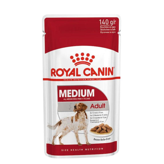 Royal Canin Medium Adult Pouch: Alimento húmedo para perros adultos de raza mediana. Ofrece energía adaptada, apoya la salud digestiva y del pelaje, y refuerza las defensas naturales. 🐶🍲🌿