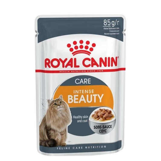  Royal Canin Pouch Intense Beauty 85 grs: Alimento húmedo para gatos, enriquecido con Omega 3 y 6, vitamina B y zinc. Favorece pelaje brillante, salud urinaria y peso ideal. 🐱✨🍲