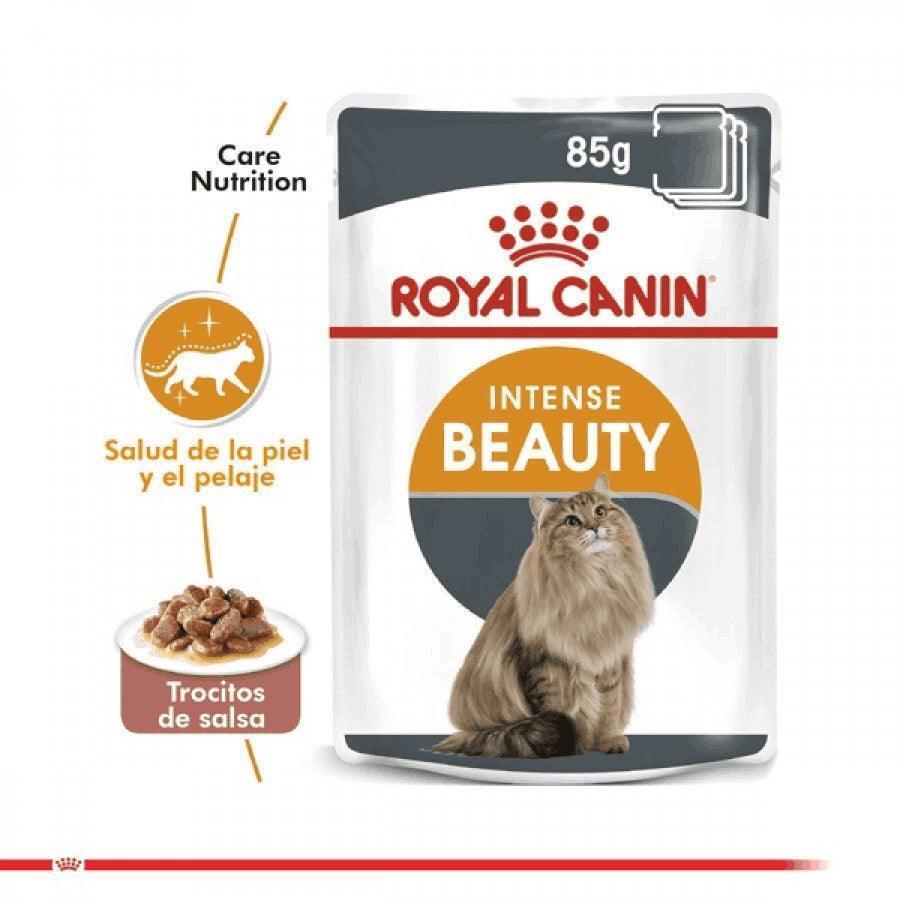 Royal Canin Pouch Intense Beauty 85 grs: Alimento húmedo para gatos, enriquecido con Omega 3 y 6, vitamina B y zinc. Favorece pelaje brillante, salud urinaria y peso ideal. 🐱✨🍲