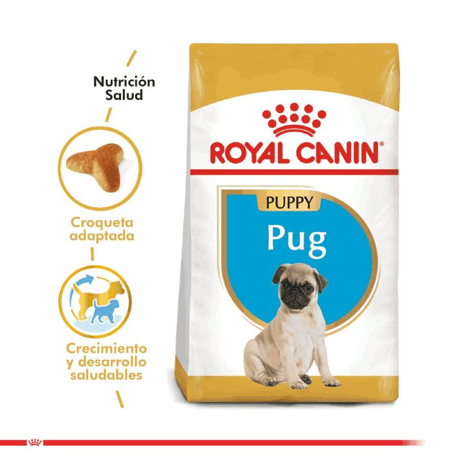 Royal Canin Pug Puppy 2.5 Kg: alimento completo para cachorros Pug, con croquetas especiales para su hocico, apoyando su salud digestiva y piel.🐕✨