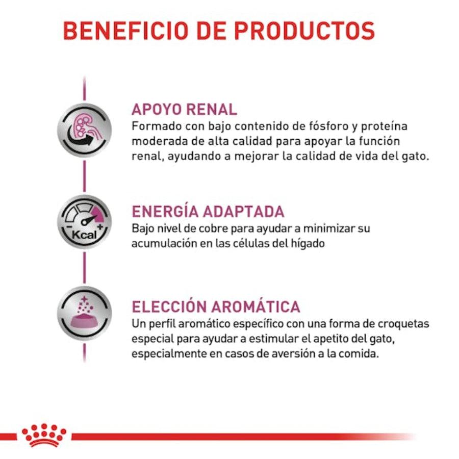 Nutre y protege la salud renal de tu gato con Royal Canin Renal 2Kg 🐱💖. Dieta especializada baja en fósforo y rica en EPA-DHA. Adecuado para el manejo de insuficiencia renal y hepática, y prevención de cálculos de oxalato.