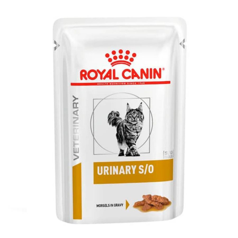 "Royal Canin Urinary S/O Pouch 🐱💧, alimento húmedo para gatos con problemas urinarios. Disuelve cálculos de estruvita y reduce formación de cristales.