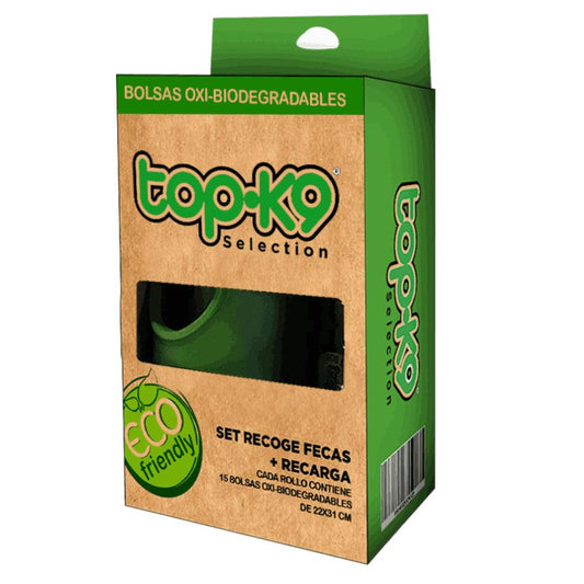 Set Dispensador Bolsas + 2 Rollos de Recarga Top K9, con tecnología EPI para degradación ecológica. Higiénico, resistente y fácil de usar. 🌿🐾