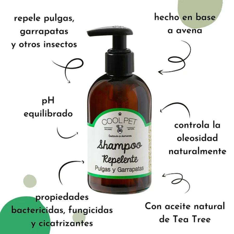 Shampoo Repelente de Pulgas y Garrapatas CoolPet 🐶, con aceite de Tea Tree, ideal para pieles sensibles y protección natural contra parásitos. 🌿