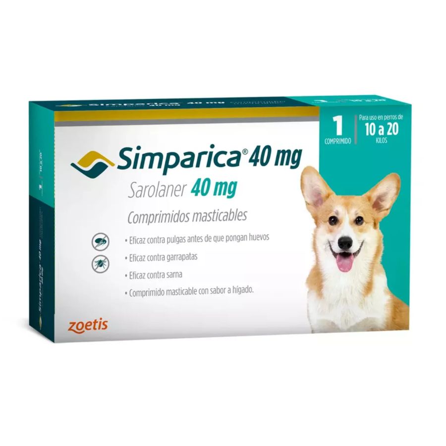 Simparica 10 - 20kg (40mg), comprimido masticable antiparasitario 🐾. Elimina pulgas, garrapatas y sarna con acción rápida y protección por 35 días.