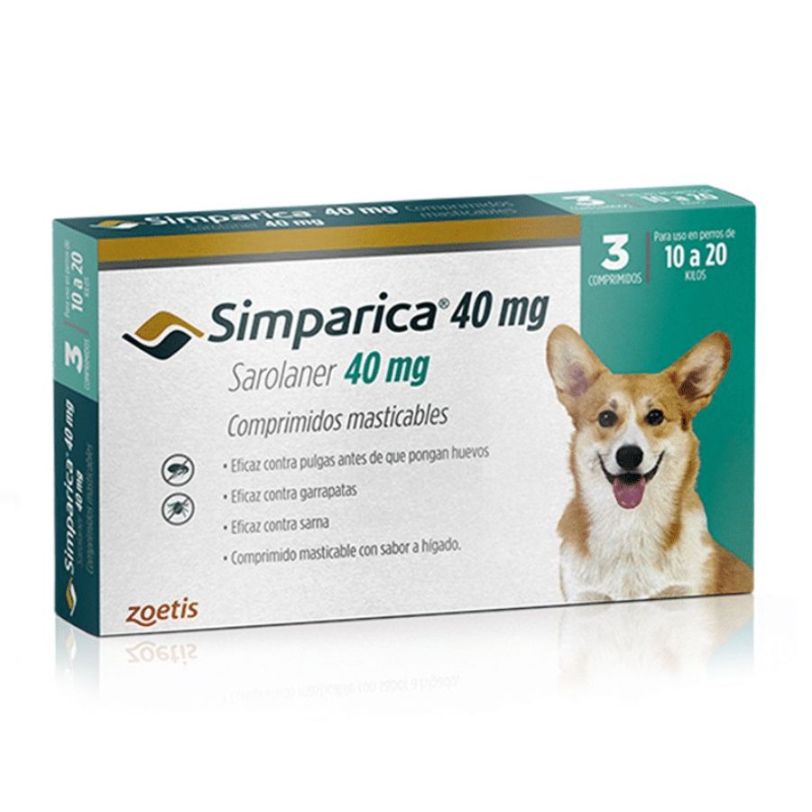 Simparica 10 - 20kg (40mg), comprimido masticable antiparasitario 🐾. Elimina pulgas, garrapatas y sarna con acción rápida y protección por 35 días.