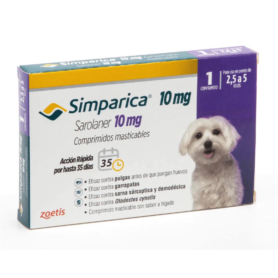 Simparica 2.5 - 5kg (10mg), comprimido masticable antiparasitario 🐾. Elimina pulgas, garrapatas y sarna con acción rápida y protección por 35 días.