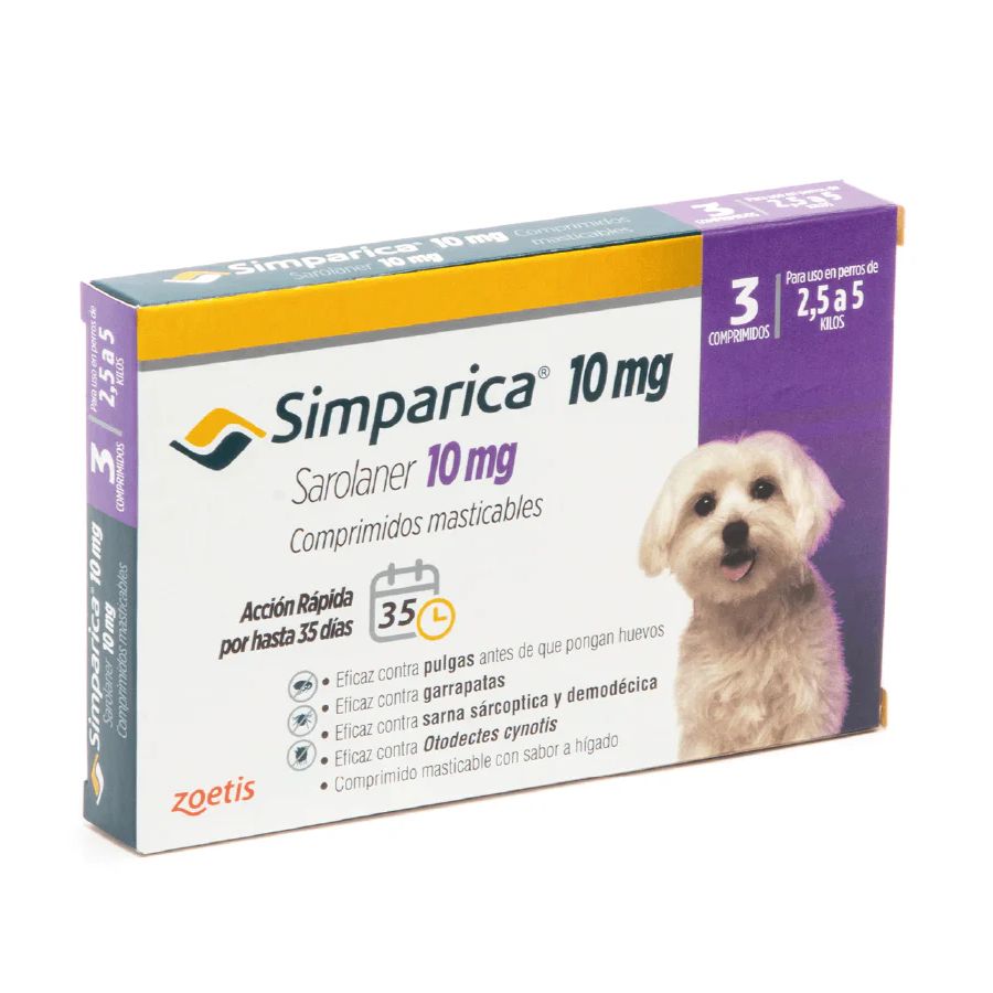 Simparica 2.5 - 5kg (10mg) 3 comprimidos, comprimido masticable antiparasitario 🐾. Elimina pulgas, garrapatas y sarna con acción rápida y protección por 35 días.