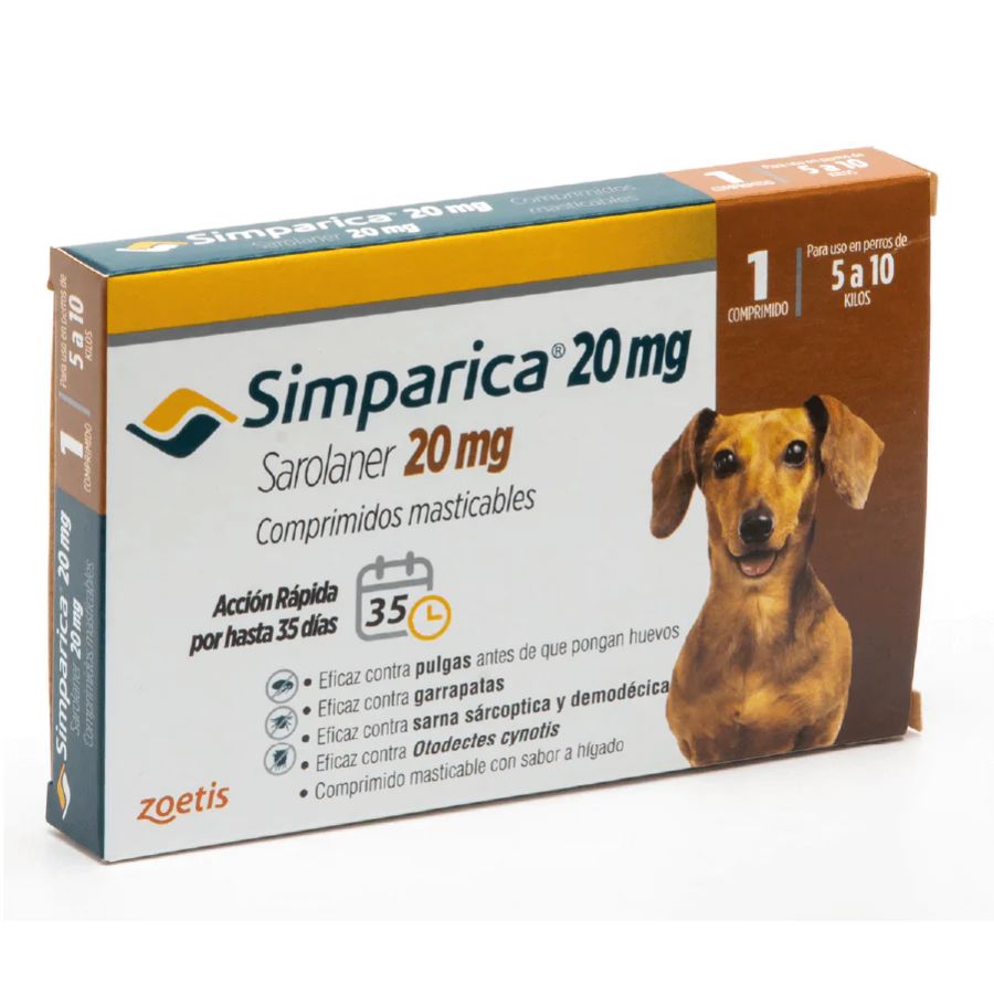 Simparica 5 - 10kg (20mg), comprimido masticable antiparasitario 🐾. Elimina pulgas, garrapatas y sarna con acción rápida y protección por 35 días.