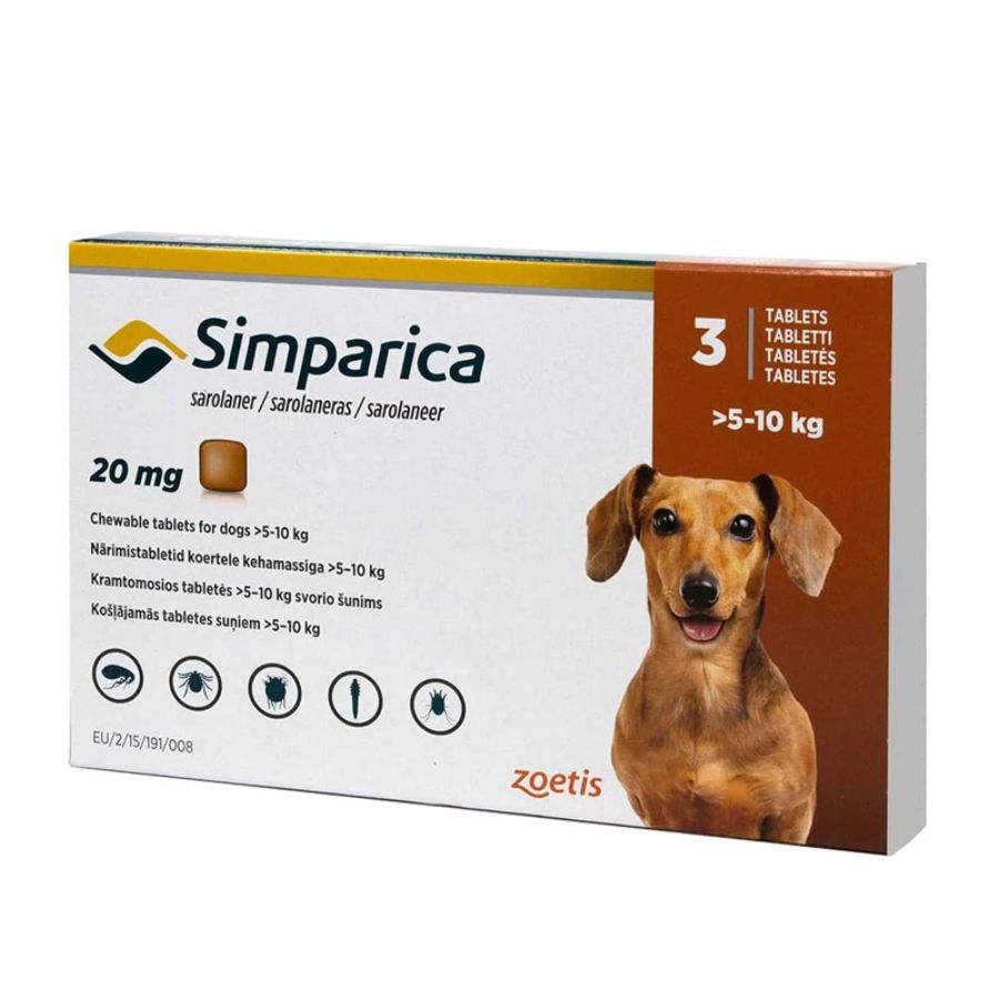 Simparica 5 - 10kg (20mg), comprimido masticable antiparasitario 🐾. Elimina pulgas, garrapatas y sarna con acción rápida y protección por 35 días.