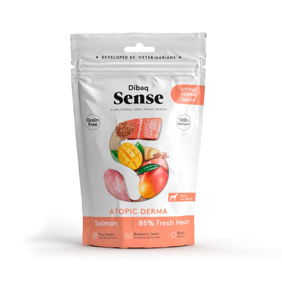 Snack Atopic Derma de Salmón Dibaq Sense 🐟, con biotina y salmón fresco para un pelaje brillante y piel saludable. ¡Nutrición natural para tu perro!