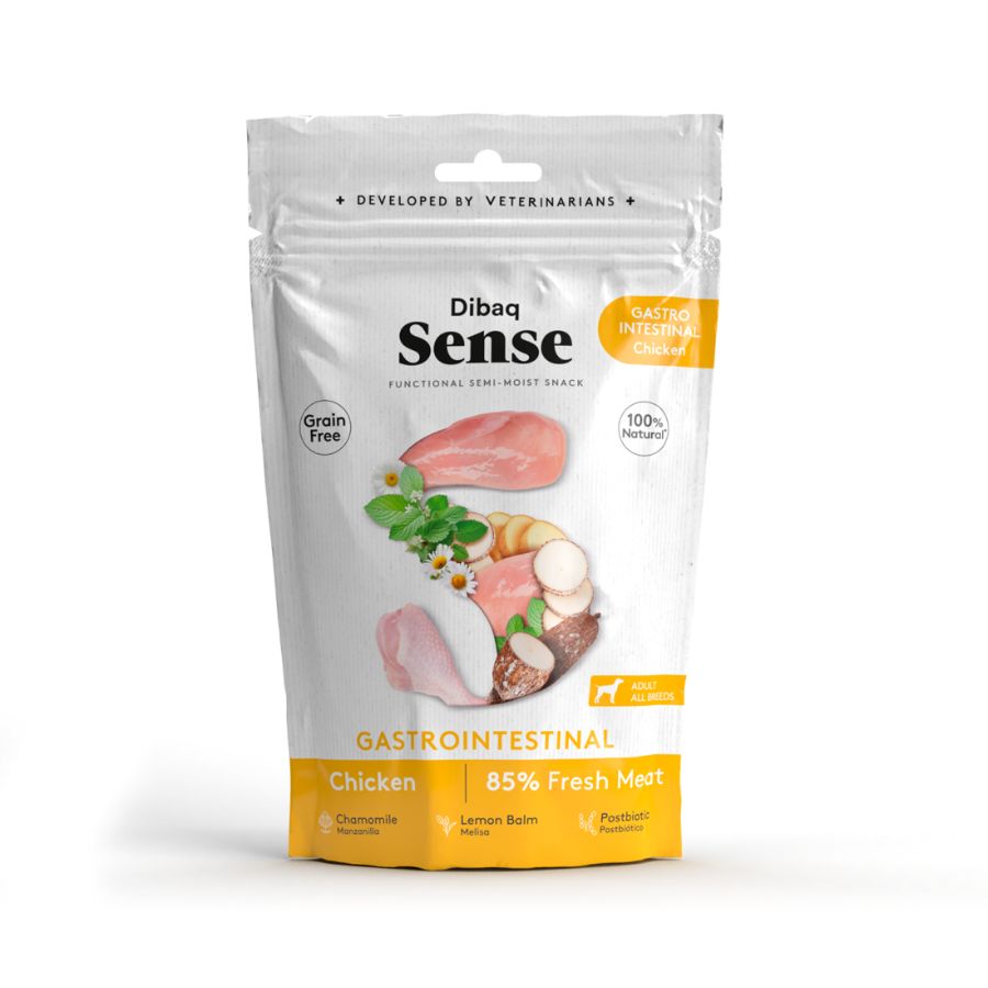 Snack Funcional Gastrointestinal de Pollo Dibaq Sense 🐶, ideal para perros con digestiones sensibles, elaborado con pollo fresco y plantas digestivas.