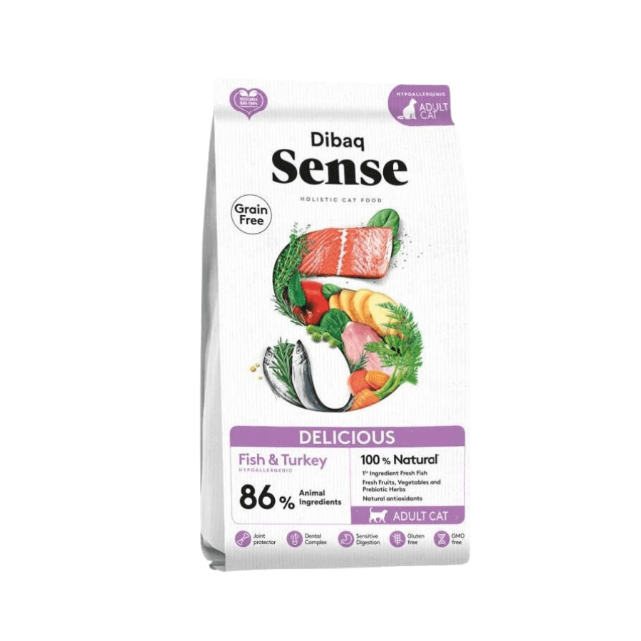 Dibaq Sense Grain Free Cat Pescado & Pavo 1.5KG: Alimento hipoalergénico para gatos adultos, con 86% de proteína animal, omega 3 y antioxidantes. ¡Cuida la salud de tu gato con esta receta de calidad! 🐱