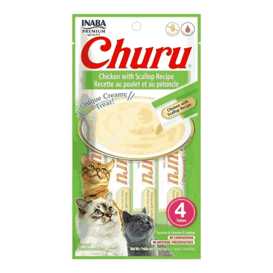 Churu Pollo y Ostión: Snack cremoso para gatos con pollo y vieiras, alto en humedad para la salud. Sin cereales, ideal para administrar medicamentos. 🐱🍗🐚