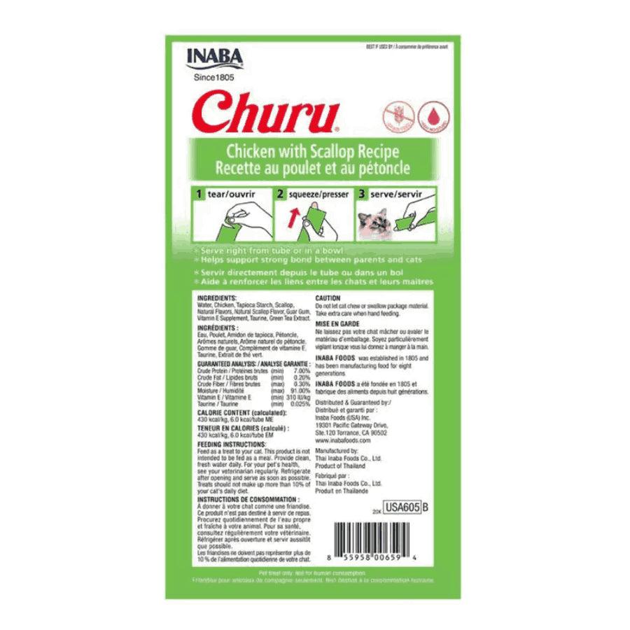 Churu Pollo y Ostión: Snack cremoso para gatos con pollo y vieiras, alto en humedad para la salud. Sin cereales, ideal para administrar medicamentos. 🐱🍗🐚