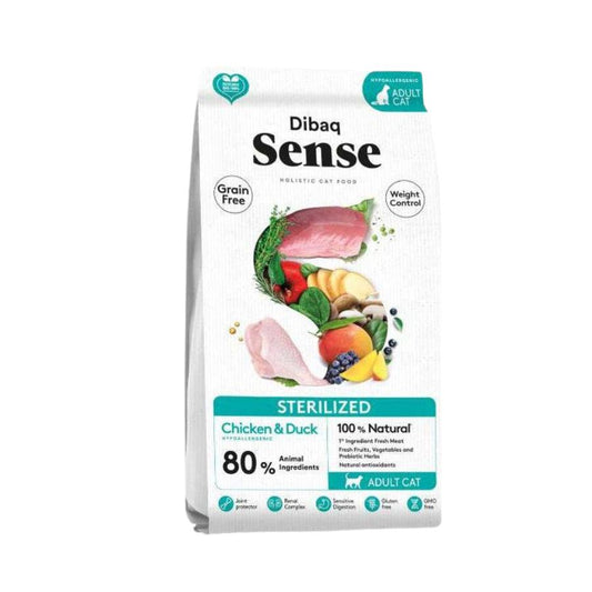 Dibaq Sense Grain Free Cat Pollo & Pavo 1.5KG: Alimento hipoalergénico para gatos adultos esterilizados. Con un 86% de proteína animal, omega 3 y antioxidantes. ¡Cuida la salud de tu gato esterilizado con esta receta de calidad! 🐱