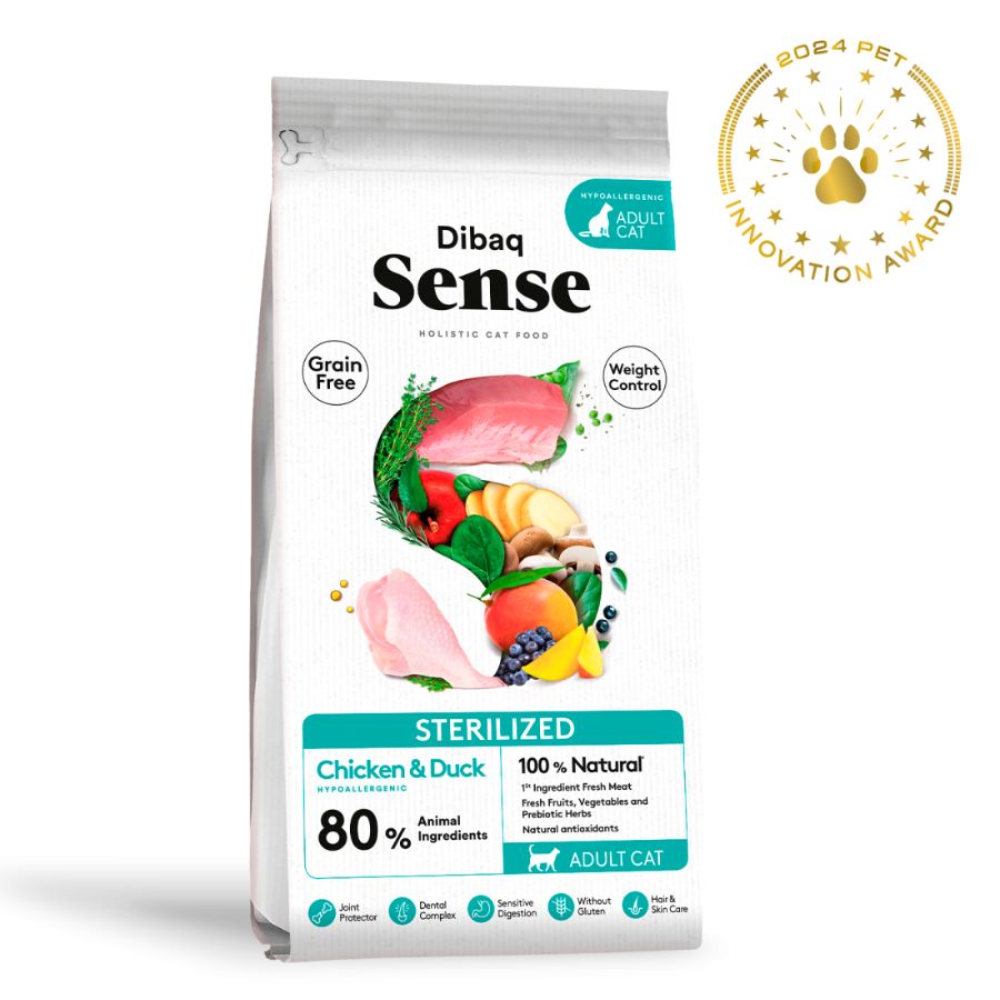 Dibaq Sense Grain Free Cat Pollo & Pavo 1.5KG: Alimento hipoalergénico para gatos adultos esterilizados. Con un 86% de proteína animal, omega 3 y antioxidantes. ¡Cuida la salud de tu gato esterilizado con esta receta de calidad! 🐱